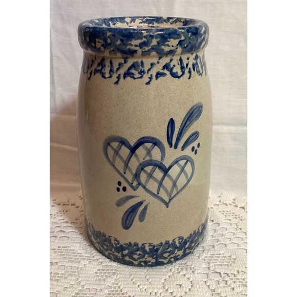 Sponge Ware Utensil Crock Vase Jar Decorated With Blue Design & Hearts 8" Tall - Picture 1 of 9